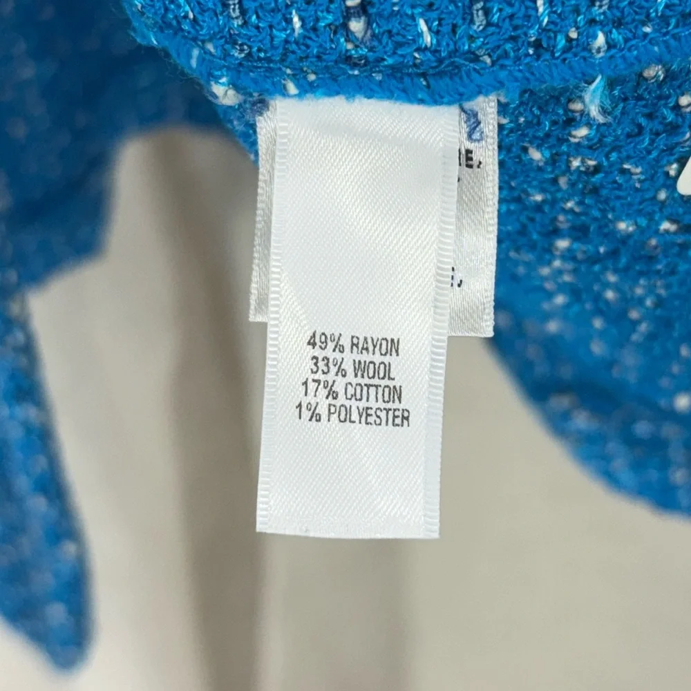 ST. JOHN Knits Boucle Tweed Blazer Wool Blend Stretch Blue White Jacket Size 10 - Picture 10 of 13